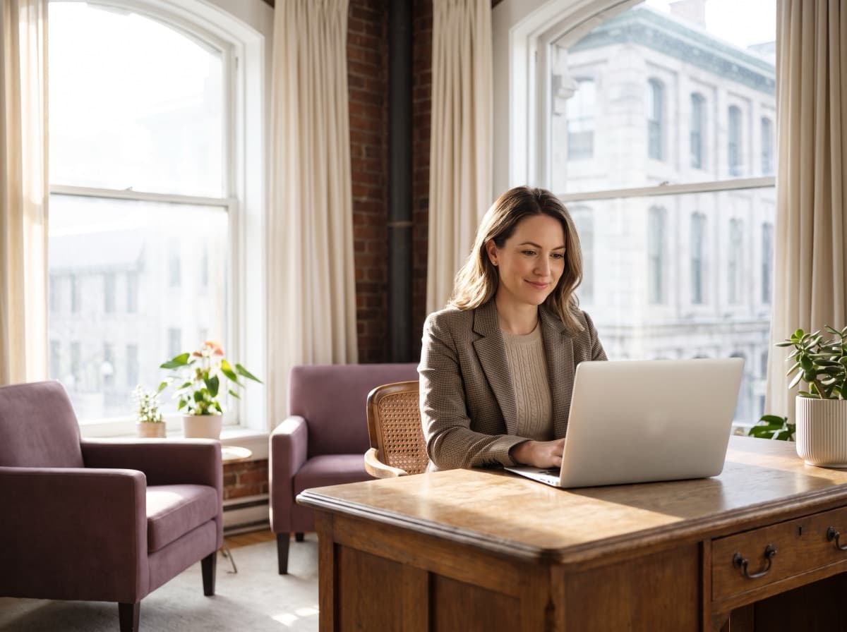Une professionnelle consulte ses demandes sur un portable dans un bureau montréalais.