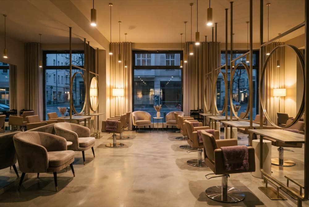 Intérieur d'un salon de coiffure haut de gamme en soirée.